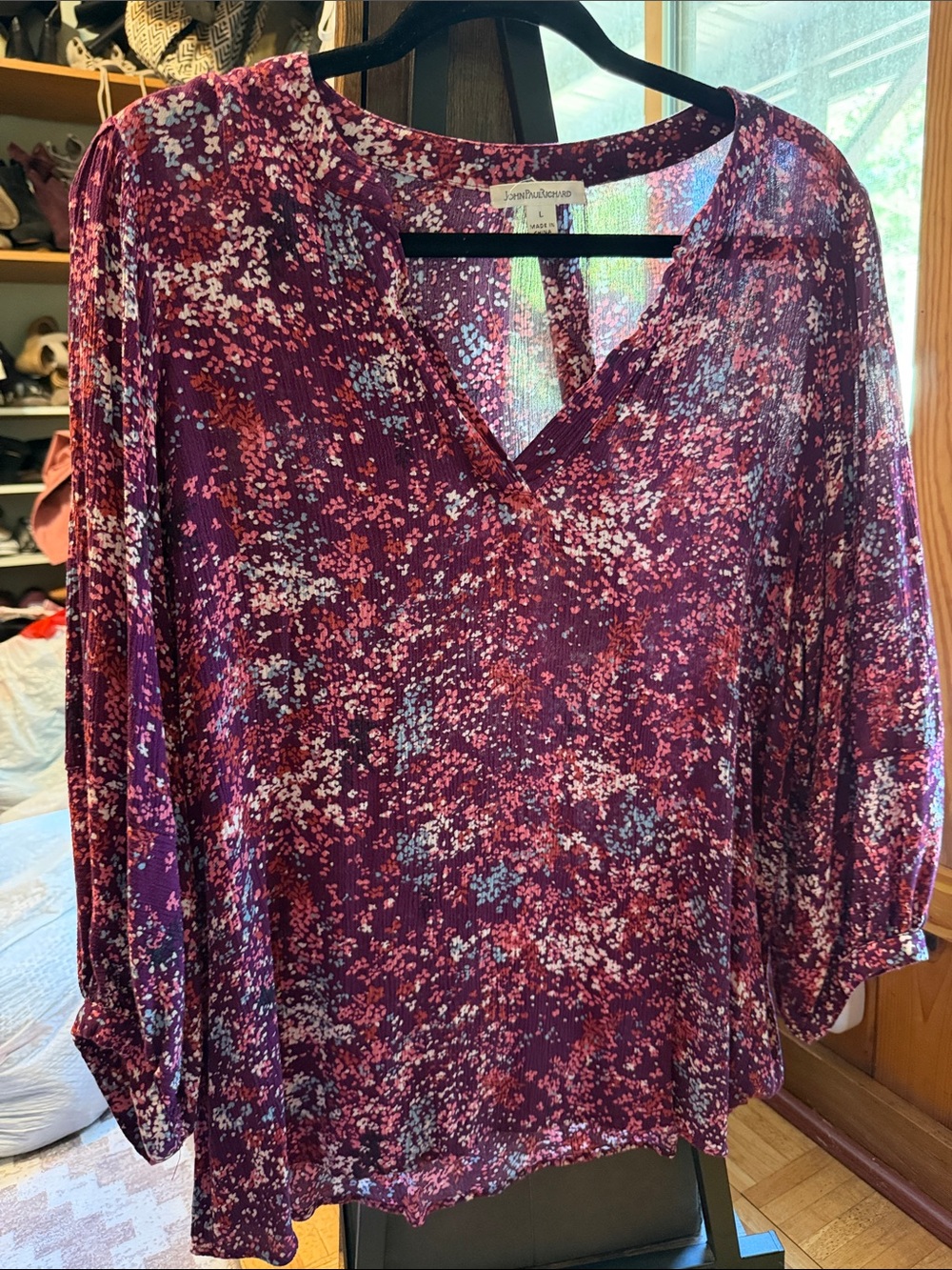 Loveappella Plum Floral V-Neck Peasant Blouse